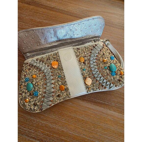Mary Frances Clutch Womens Medium Ivory Turquoise Stones Boho Southwestern Chic - Picture 6 of 10